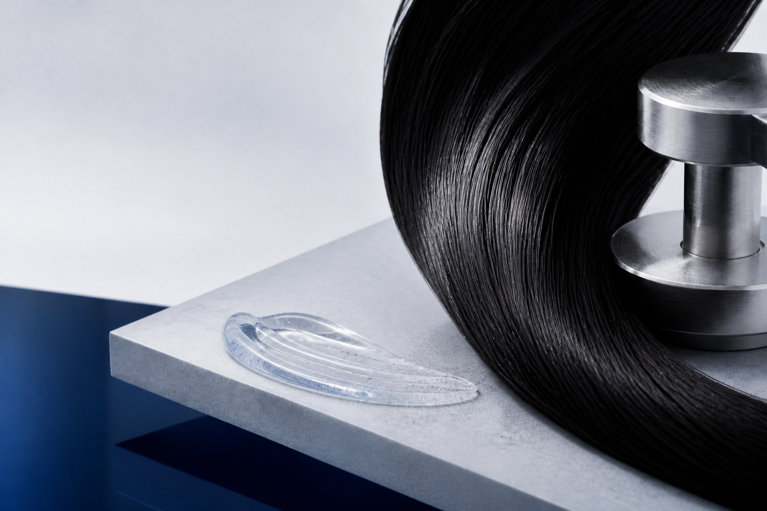 Concept study of glossy hair, translucent formula on stone and precision metal